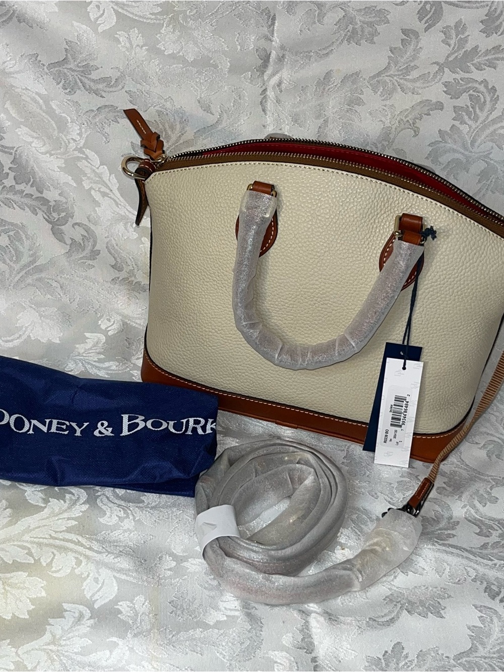 Dooney & Bourke Bone Pebble Leather Satchel with Brown Saddle Leather Trim